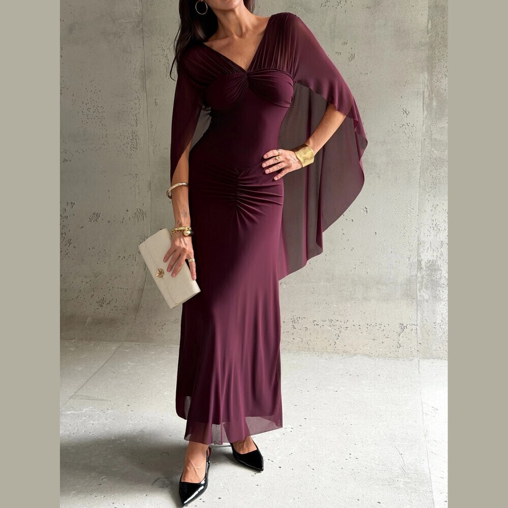 Burgundy Gathered Ruched Sheer Mesh Cape Sleeve V Neck Slim Fit Maxi Dress